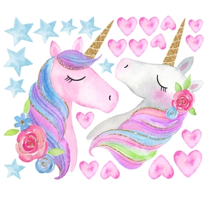 Luminous unicorn wall decals with watercolor stars and hearts for home decoration
