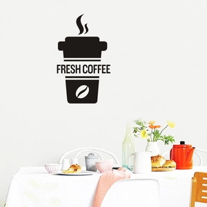 Minimalist black vinyl wall decal with Fresh Coffee cup design for kitchen and cafe wall art