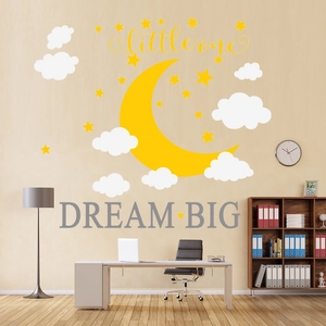 Cartoon moon clouds and stars wall decal featuring Dream Big quote for nursery decor