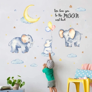 Stickers muraux éléphant lune et étoiles pour chambre d'enfant avec citation we love you