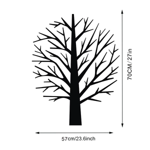 Detailed dimensions of a black tree silhouette vinyl wall decal measuring 70cm by 57cm