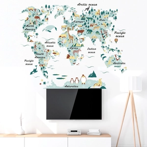 Cartoon Animal World Map Wall Sticker Waterproof Educational Geography Wall Decals For Kids Bedroom Nursery Decor Gift