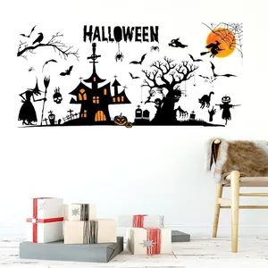 Halloween wall sticker featuring a witch castle, bats and orange moon for home decor