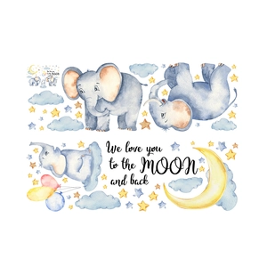 Stickers muraux éléphant et lune pour chambre d'enfant avec étoiles et ballons doux