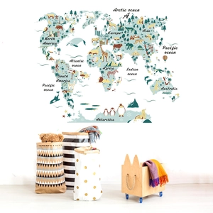 Kids World Map wall sticker with Morandi animal illustrations for bedroom decor