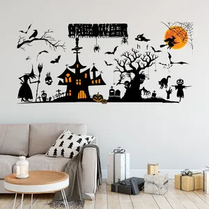 Halloween wall sticker set featuring witch castle and spooky silhouette in living room deco