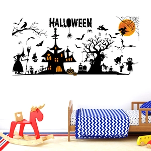 Halloween wall sticker set featuring black witch castle and orange moon for home decor
