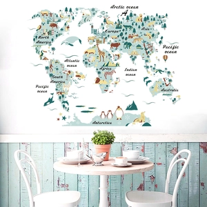 Detailed view of cartoon world map wall sticker with animals and landmarks for kids room