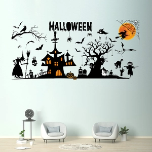 Detailed Halloween wall stickers set with spooky castle silhouette and black bat decals