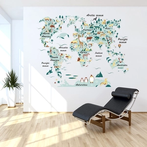 Detail of world map wall sticker with cartoon animals and landmarks for kids room decor