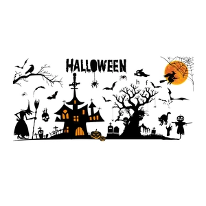 Halloween wall sticker set featuring black silhouette witch castle and bats on white background