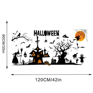 Detail of Halloween wall sticker with gothic castle, witch, bats, and R.I.P tombstone