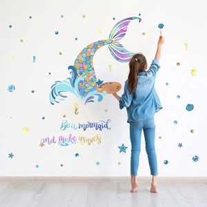 Mermaid Tail Wall Sticker Set With Waves Sea Creatures Slogan Waterproof PVC Decal For Girls Bedroom Nursery Decor