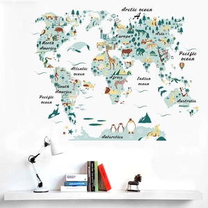 Cartoon world map wall sticker featuring regional animals for kids room decoration