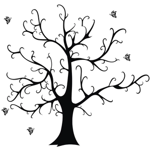 Detailed silhouette of an artistic black tree wall decal with flying butterflies