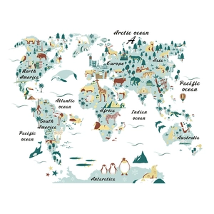 Educational world map wall decal with animals and landmarks for kids room decor