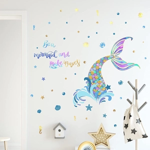 Mermaid bubble wall decal with colorful fishtail and sea stars for children's room