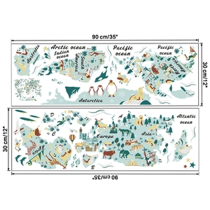 Detail showing cartoon world map wall sticker set with animals and dimensions 90x30cm