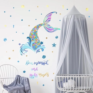 Mermaid bubble wall decal set with 'Be a mermaid and make waves' text for kids room