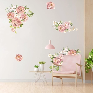Vinilos decorativos de peonías y rosas en acuarela para habitación rosa acogedora