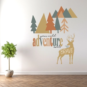 Stickers muraux style nordique avec cerf de forêt, montagnes et citations braves