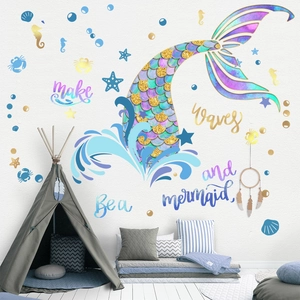 Mermaid bubble wall decal set with glitter tail and sea motifs for kids bedroom