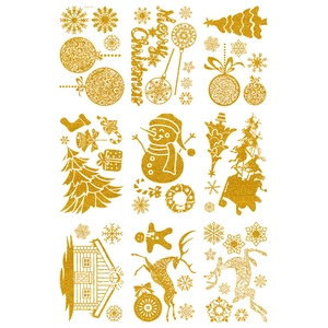 Detail view of golden glitter Christmas stickers with snowflakes and Santa Claus patterns