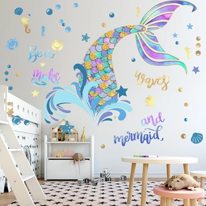 Colorful mermaid bubble wall sticker set with sea creatures for kids bedroom decor