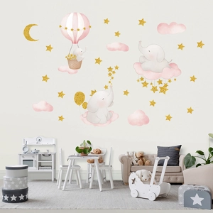 Stickers muraux éléphant avec montgolfière, nuages roses et lune dorée pour chambre d'enfant