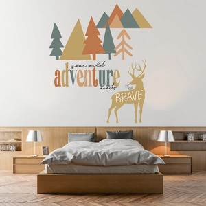 Sticker mural cerf de forêt nordique et montagnes pour décor moderne de chambre