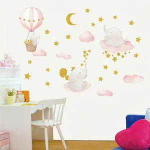 Stickers muraux éléphant doré avec montgolfières et étoiles roses pour décor de chambre d'enfant