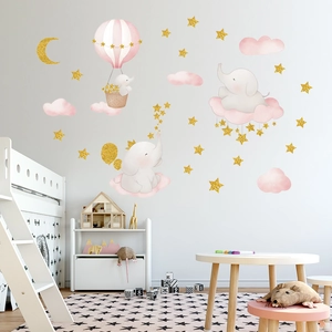Stickers muraux éléphant doré avec montgolfières roses et étoiles pour chambre d'enfant