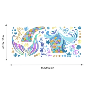 Detailed layout of mermaid tail and ocean bubble wall stickers with size dimensions
