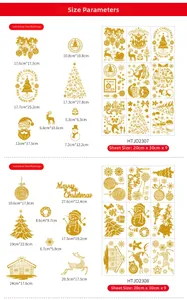 Detailed size chart for Christmas gold glitter window stickers with various dimensions