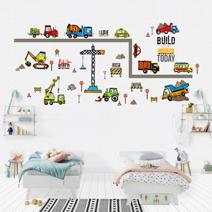 Construction site wall decals with excavators and cranes for kids room wall decor