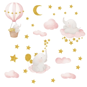 Stickers muraux éléphant doré montgolfière et nuages pour décoration de chambre