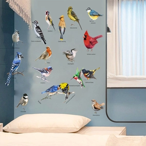 Realistic bird wall stickers featuring Goldfinch and Robin in a cozy bedroom setting