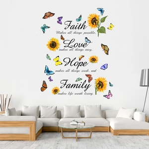Sonnenblume Schmetterling Wandaufkleber Familie Glaube Hoffnung Liebe Inspirierende Zitate PVC Wasserdichte Deko
