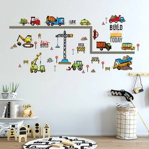 Construction vehicle wall decals for kids room with excavator and crane stickers