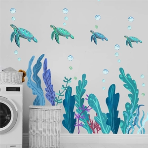 Underwater world wall stickers featuring sea turtles, seagrass, and blue bubbles for decor