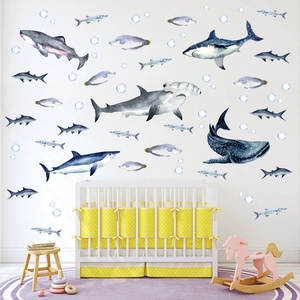 Aquarelle Requin Monde Sous-Marin Stickers Muraux pour Chambre d'Enfant Chambre à Coucher Salon PVC Étanche