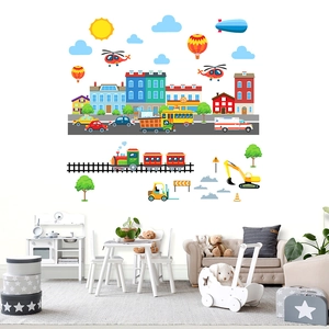 Cartoon City Traffic Transportation Wall Stickers Kids Room PVC Waterproof Removable DIY Nursery Building Vehicle Decal