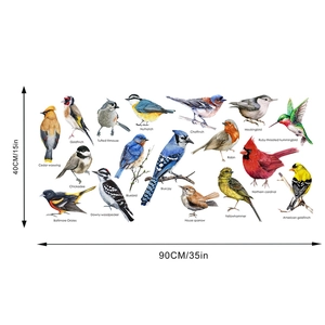 Detailed chart showing 17 watercolor bird species wall decal with 90x40cm size dimensions
