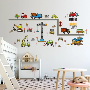 Cartoon Construction Vehicle Wall Stickers Excavator Crane Truck Road Sign PVC Waterproof Decals For Kids Room Bedroom