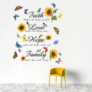 Sonnenblumen Schmetterling Wandtattoo mit Faith Love Hope Family Zitaten für Wohnzimmer