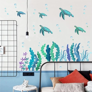 Sea turtle and seaweed wall decals for nursery with blue bubbles and watercolor art style