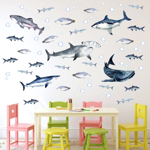 Stickers muraux aquarelle de requins avec baleines et bulles pour chambre d enfant