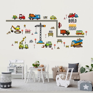 Cartoon construction vehicle wall decals featuring crane and excavator for kids room