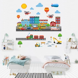 Colorful cartoon city and vehicles wall stickers set for children's bedroom decor