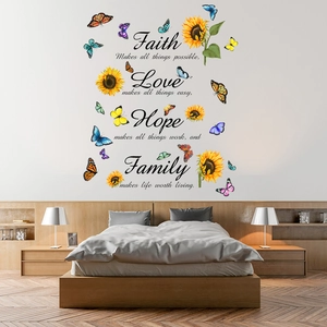 Familie Sonnenblumen Schmetterling Wandtattoo mit Faith Love Hope Zitaten Deko